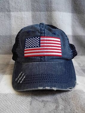 Distressed Denim Trucker Hat with American Flag Patch - Navy